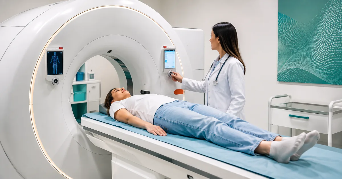 Paciente sendo preparado para exame de angiotomografia em ambiente clínico