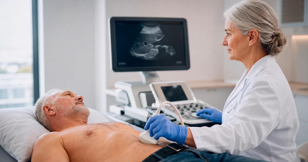 Médica posiciona transdutor no abdome de paciente durante ultrassonografia com Doppler