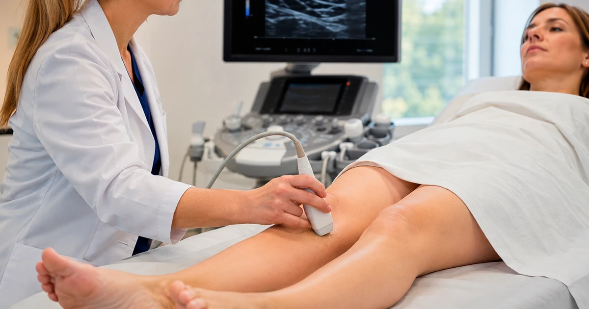 Profissional desliza transdutor na perna de paciente durante Doppler Arterial e Venoso