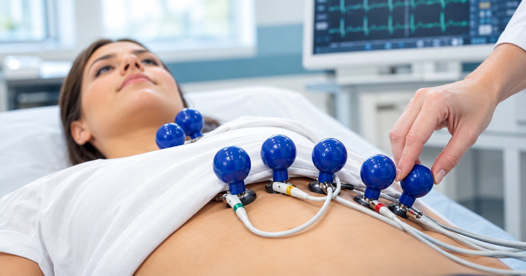Paciente realizando eletrocardiograma em ambiente clínico para avaliação cardíaca