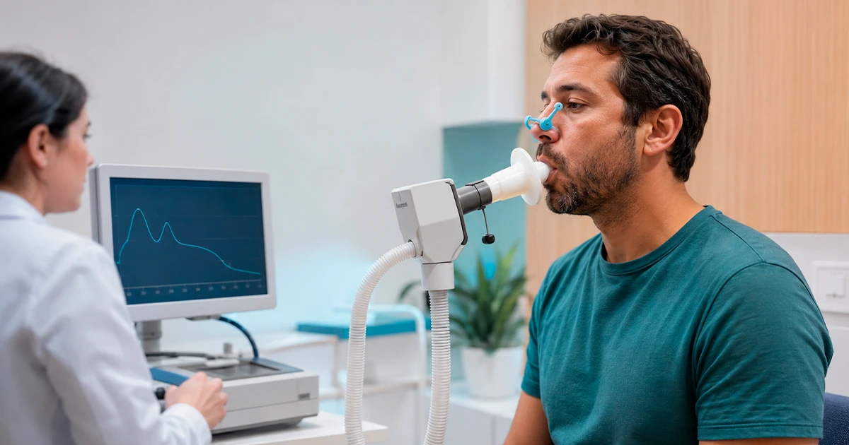 Paciente sopra no bocal com clipe nasal durante Espirometria em Rio Branco