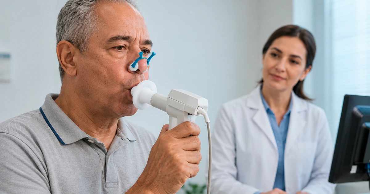 Paciente idoso realiza manobra de Espirometria com clipe nasal enquanto profissional acompanha