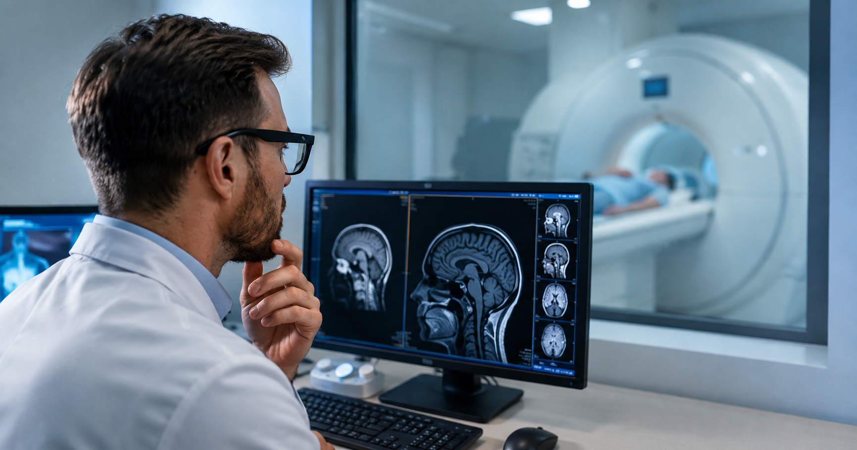 Médico radiologista analisando exames de imagem e elaborando o laudo técnico em ambiente clínico