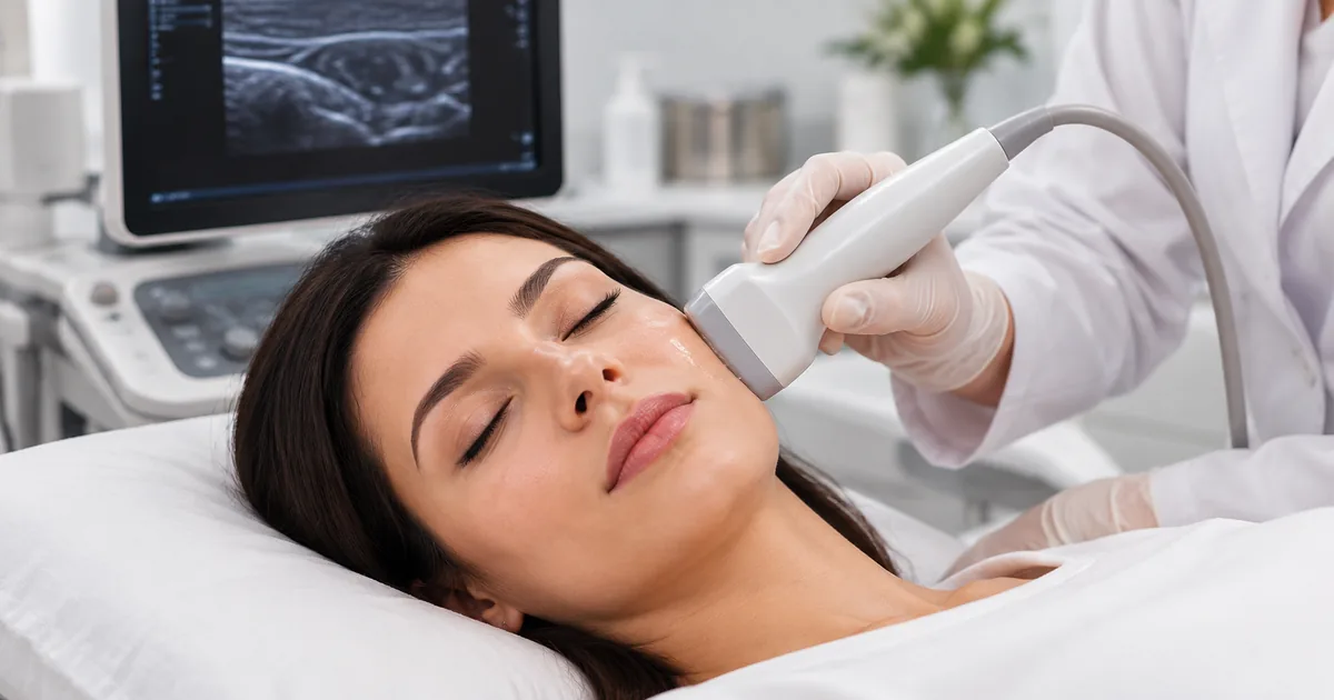 Profissional realiza mapeamento ultrassonográfico na face de paciente em ambiente clínico