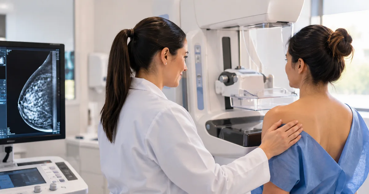 Paciente recebe orientações de profissional antes de realizar uma mamografia.