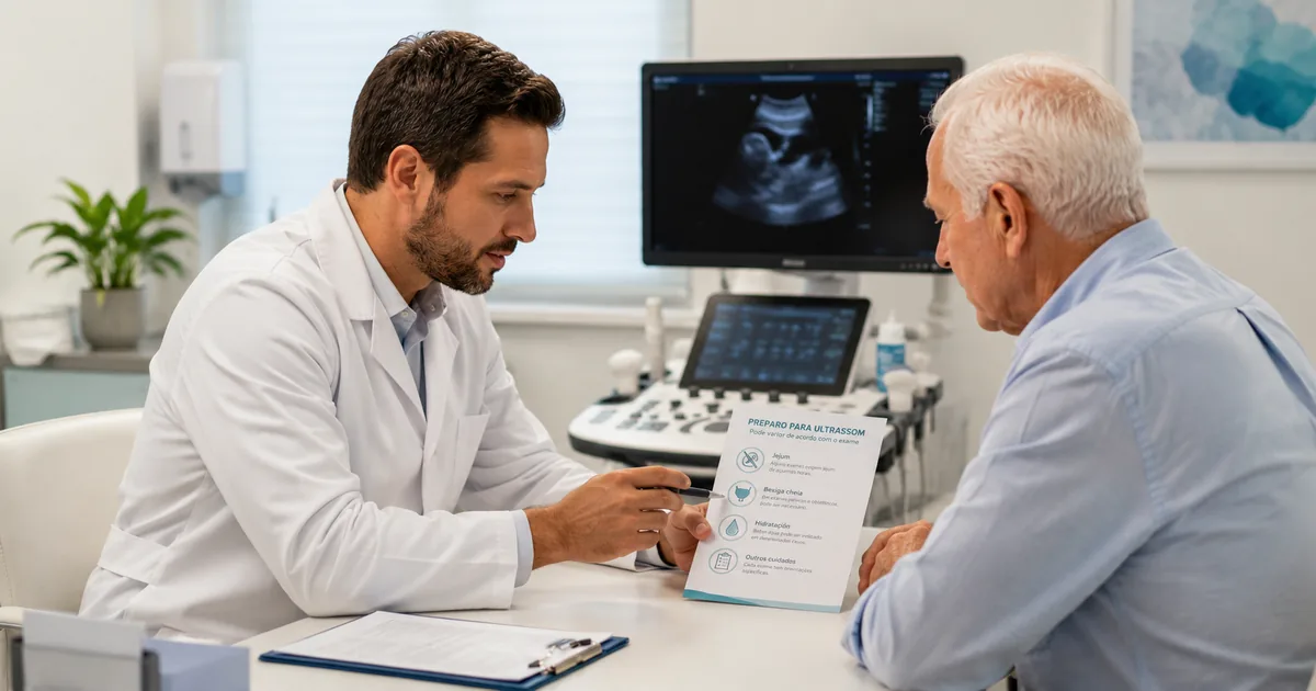 Paciente recebendo orientações sobre preparo para ultrassom antes do atendimento