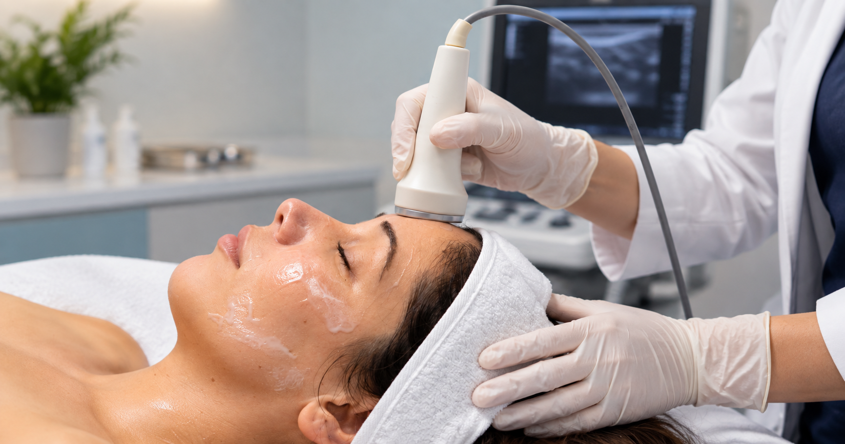 Profissional realiza Ultrassom Dermatológico para avaliação de estruturas superficiais da pele