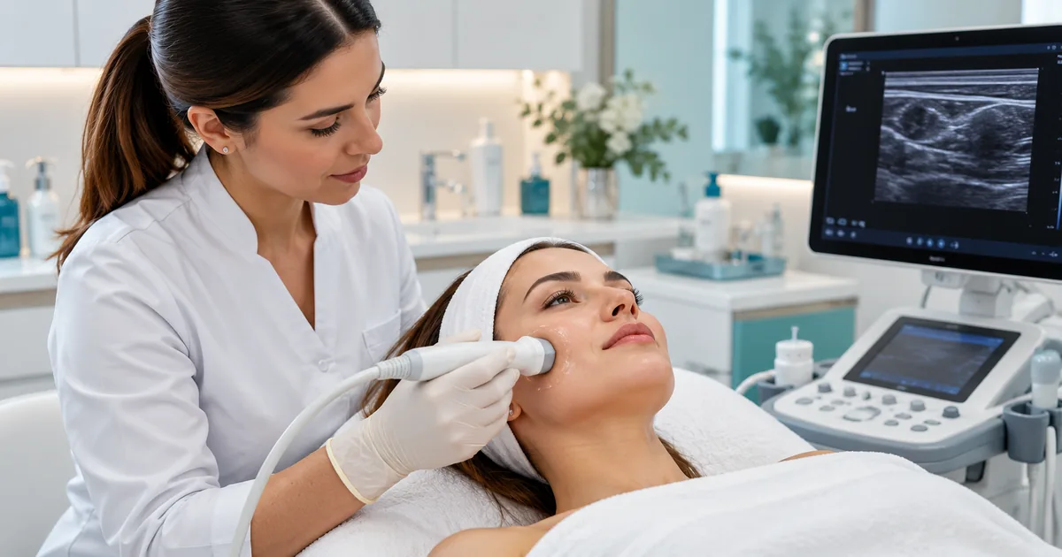 Profissional realiza ultrassom dermatológico para avaliação de região facial após preenchimento.